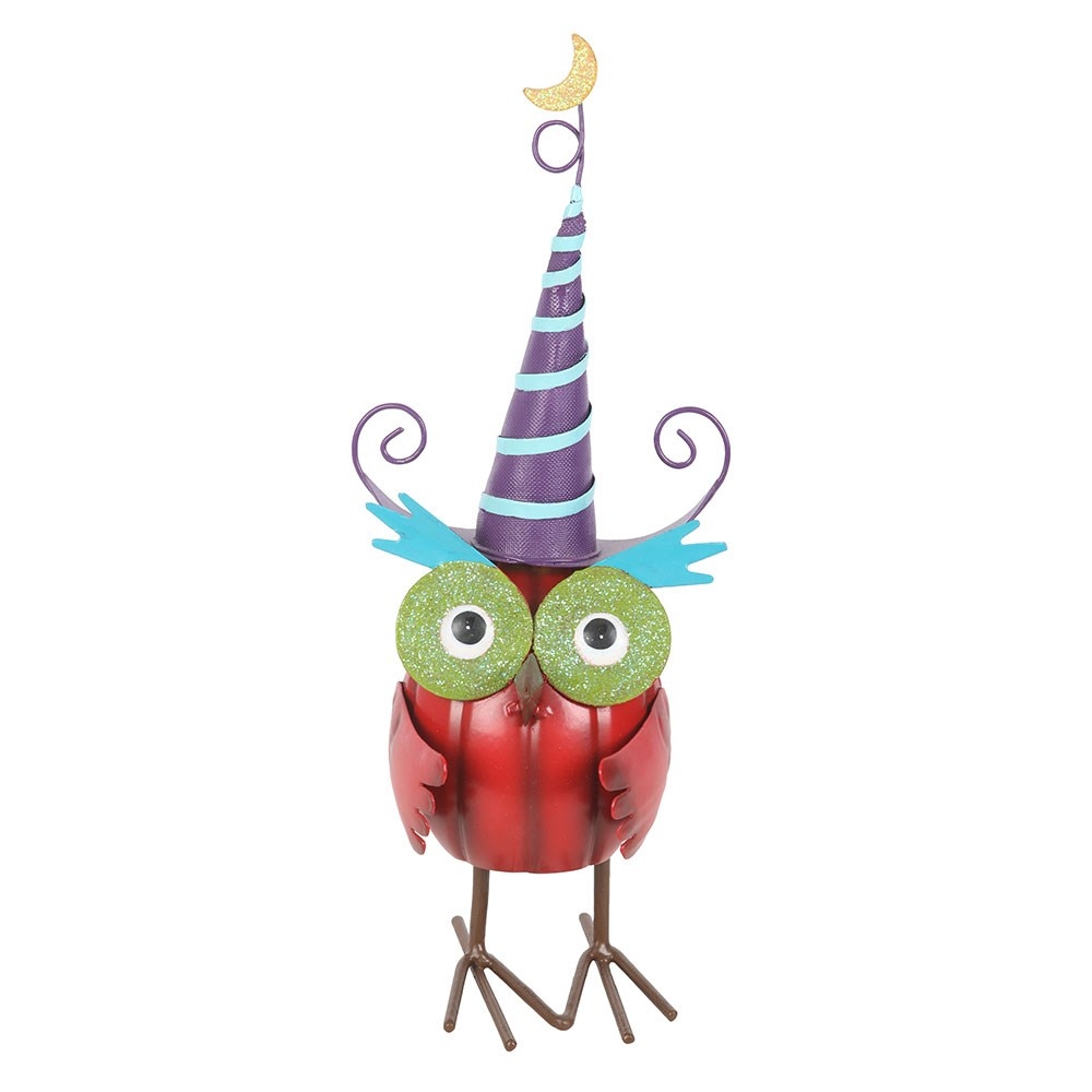 Something Different - Red Metal Owl Ornament with Witch Hat Garden figure - Multicolours